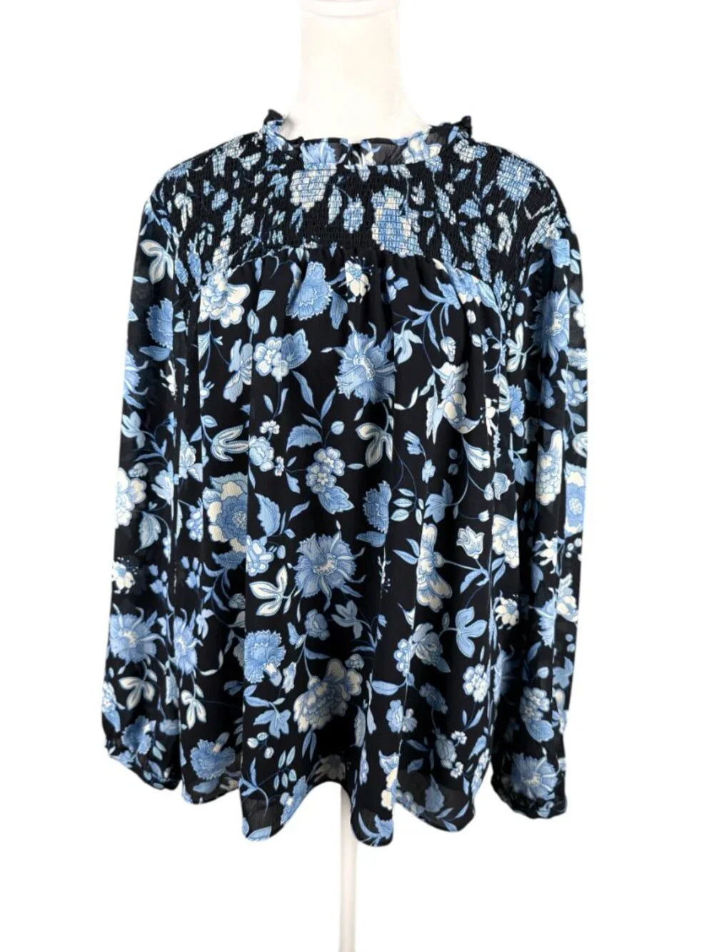 J Crew 3X Smocked Ruffle Neck Chiffon Popover Top Midnight Blue Floral Blouse - Picture 2 of 14